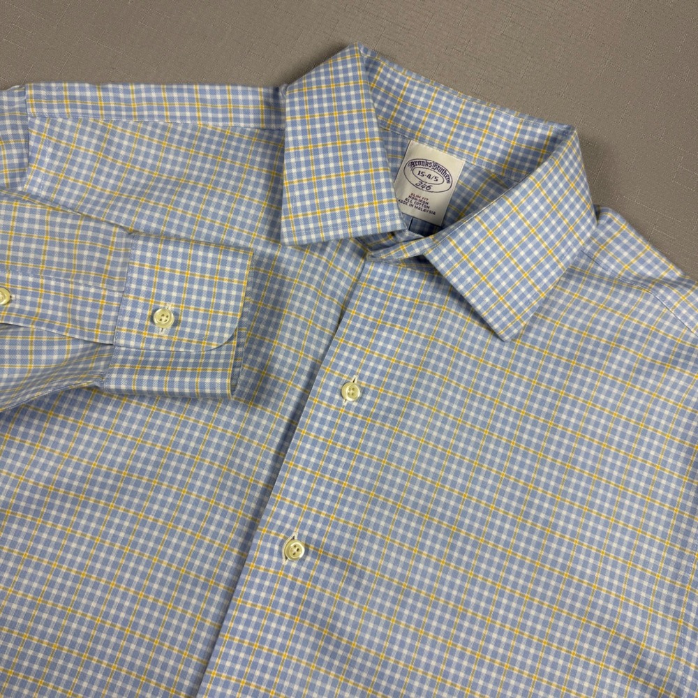 Brooks Brothers 346 Mens 15-4/5 Slim Fit Non-Iron Cotton Blue Yellow Check Shirt